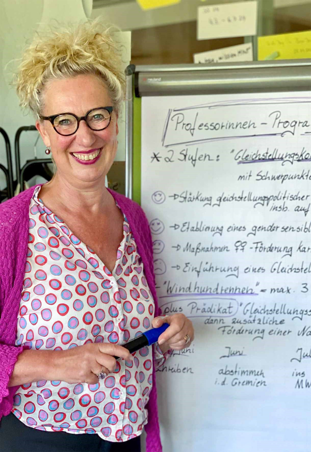 Bettina Belker steht lächelnd neben einem Whiteboard, auf dem Notizen zum "Professorinnen-Programm" und "Gleichstellung" stehen. Sie trägt eine Brille und eine pinkfarbene Jacke.