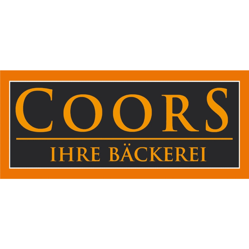 Schwarzes, rechteckiges Logo mit orangem Rahmen und folgendem orangen Schriftzug: Coors, Ihre Bäckerei.
