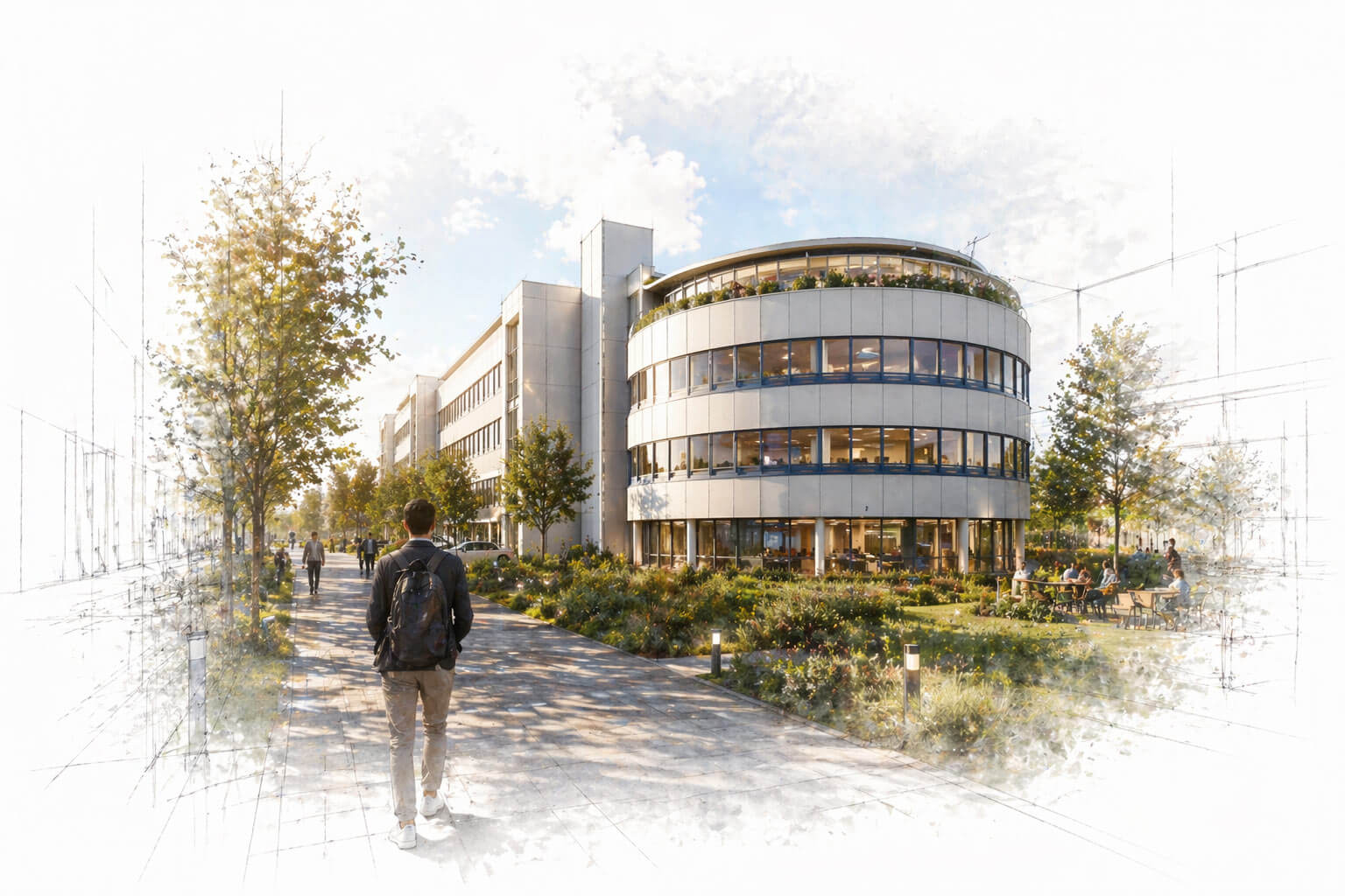 Architekturzeichnung eines modernen, rundlichen Bürogebäudes mit begrüntem Außenbereich und Fußgängern.