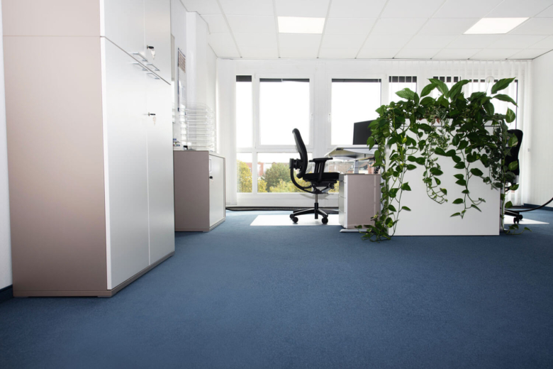 Generierter Alt-Text: Hell eingerichtetes Büro mit blauem Teppichboden, modernen Schreibtischen, Ergonomie-Stuhl und üppigen grünen Zimmerpflanzen vor Fensterfront.