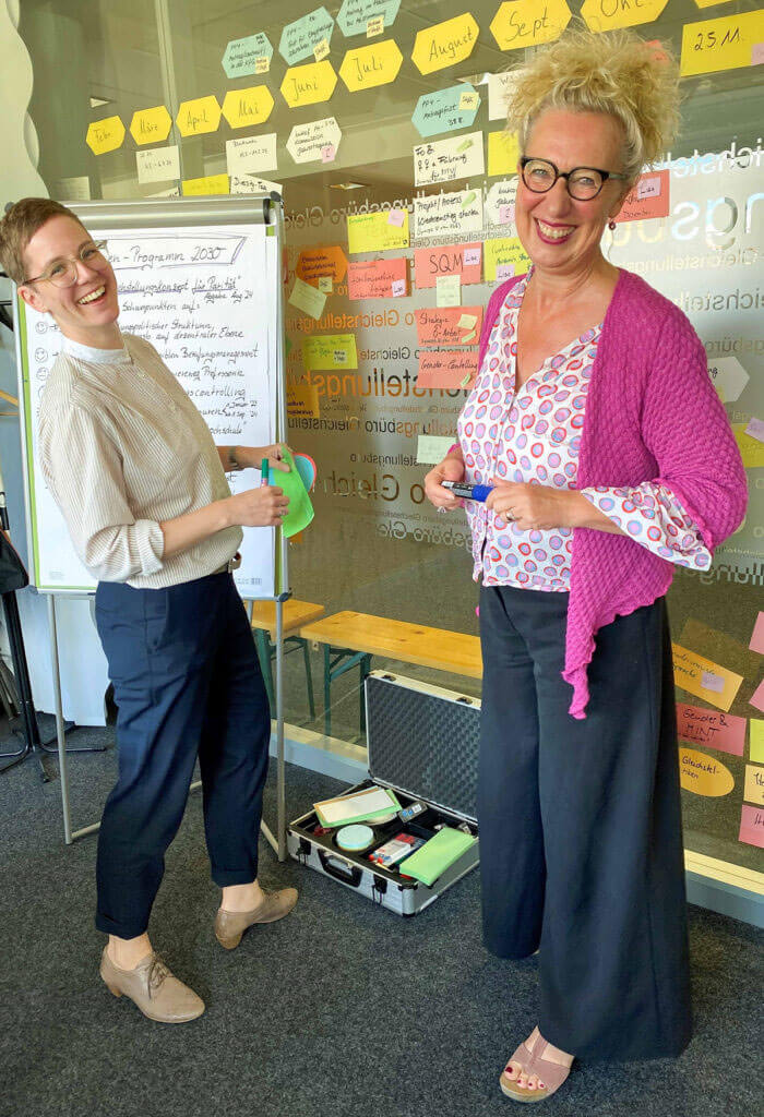 Ganzkörperfoto von Bettina Belker (rechts) und einer anderen Frau (links) in einem Büro. Bettina Belker hält einen Marker, die andere Frau Haftnotizen. Im Hintergrund ist eine Glaswand mit vielen gelben Haftnotizen zu sehen.