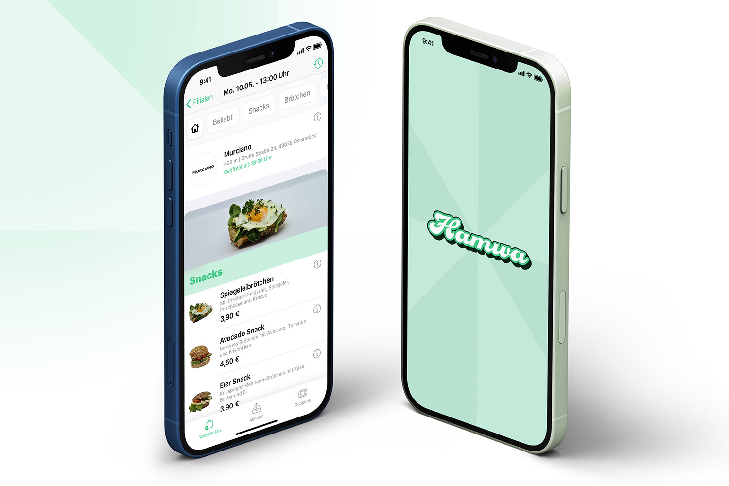 Zwei Smartphones nebeneinander, links wird eine Essens-Bestell-App angezeigt, rechts das Logo der App Hamwa auf grünem Grund.