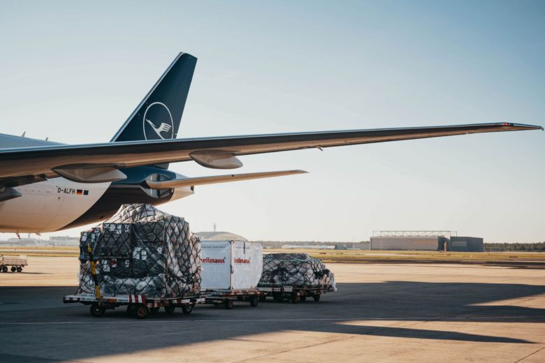 Frachtcontainer mit Hellmann-Logo stehen auf Transportwagen vor einem Flugzeug auf dem Rollfeld.