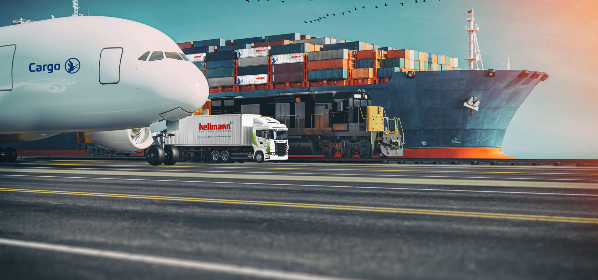 Digitale Grafik vereint Frachtflugzeug, LKW, Güterzug und Containerschiff nebeneinander.