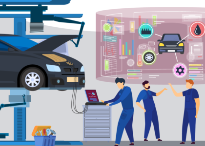 Illustration einer modernen Autowerkstatt mit drei Mechanikern, einem Auto auf der Hebebühne und digitalen Diagnose-Diagrammen.