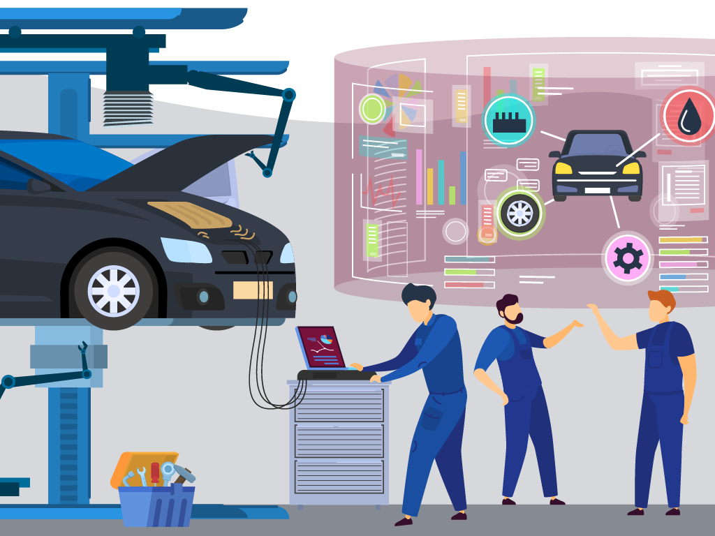 Illustration einer modernen Autowerkstatt mit drei Mechanikern, einem Auto auf der Hebebühne und digitalen Diagnose-Diagrammen.