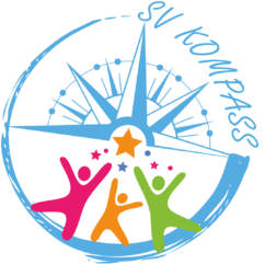 Logo des SV Kompass: Ein gezeichneter Kreis mit einer Kompassrose, darunter drei farbige, jubelnde Strichmännchen in Pink, Orange und Grün, die nach den Sternen greifen.