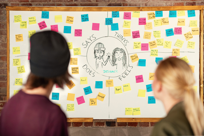 Zwei Personen betrachten ein Whiteboard mit einer Empathy Map, die von zahlreichen bunten Sticky Notes umgeben ist.