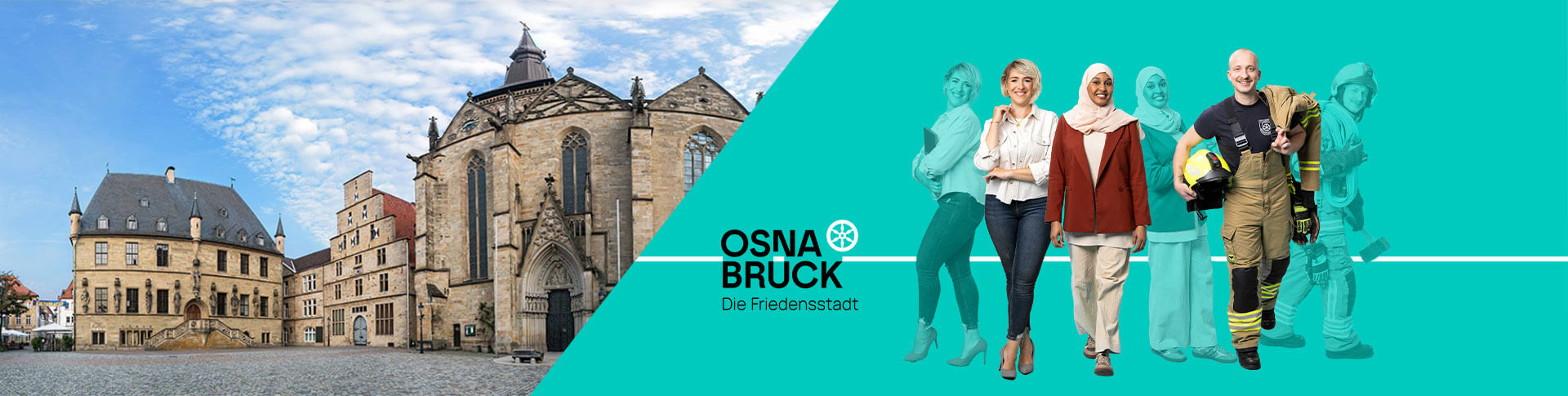 Historische Gebäude in Osnabrück neben drei lächelnden Personen und dem Logo Osnabrück Die Friedensstadt auf Türkis.