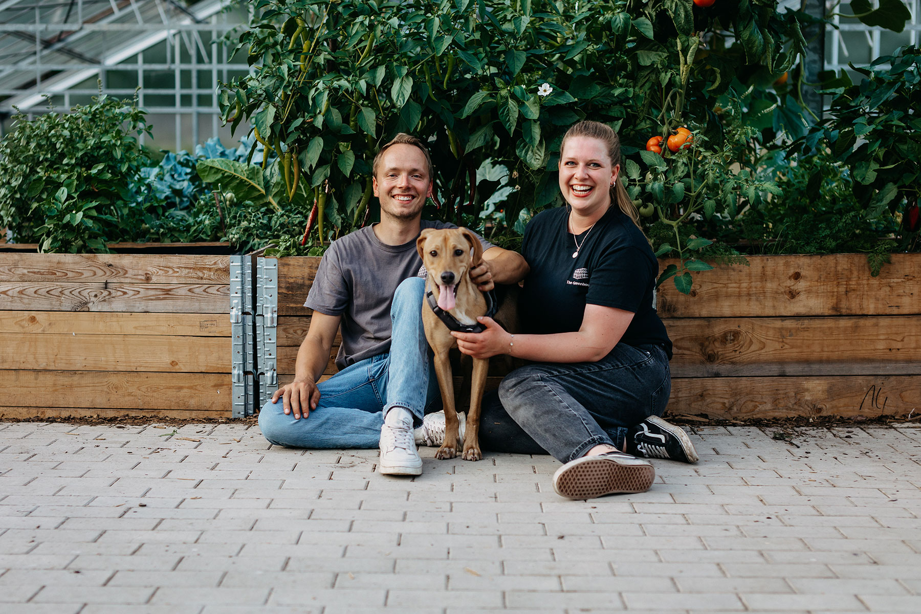 Ein Mann und eine Frau sitzen mit einem braunen Hund auf dem Boden vor einem hölzernen Hochbeet.