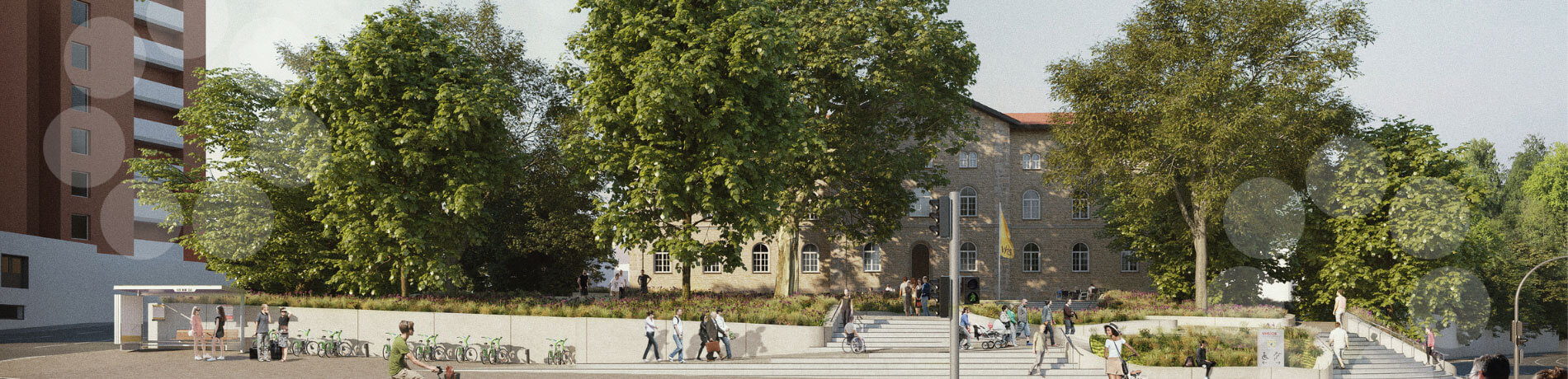 Panorama-Ansicht des VHS-Gebäudes in Osnabrück mit Außentreppe, Bäumen und Passanten.