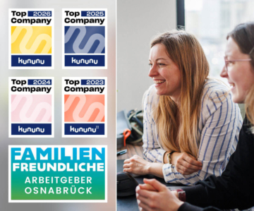 Vier kununu Top Company-Siegel der Jahre 2023 bis 2026, Auszeichnung als Familienfreundlicher Arbeitgeber Osnabrück und zwei lächelnde Kolleginnen im Büro.