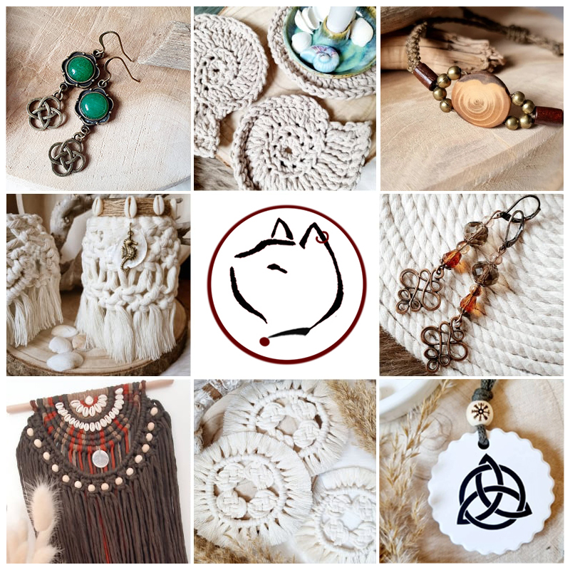 Bildercollage mit handgemachtem Schmuck, Makramee-Dekorationen und gehäkelten Untersetzern rund um ein Katzen-Logo.