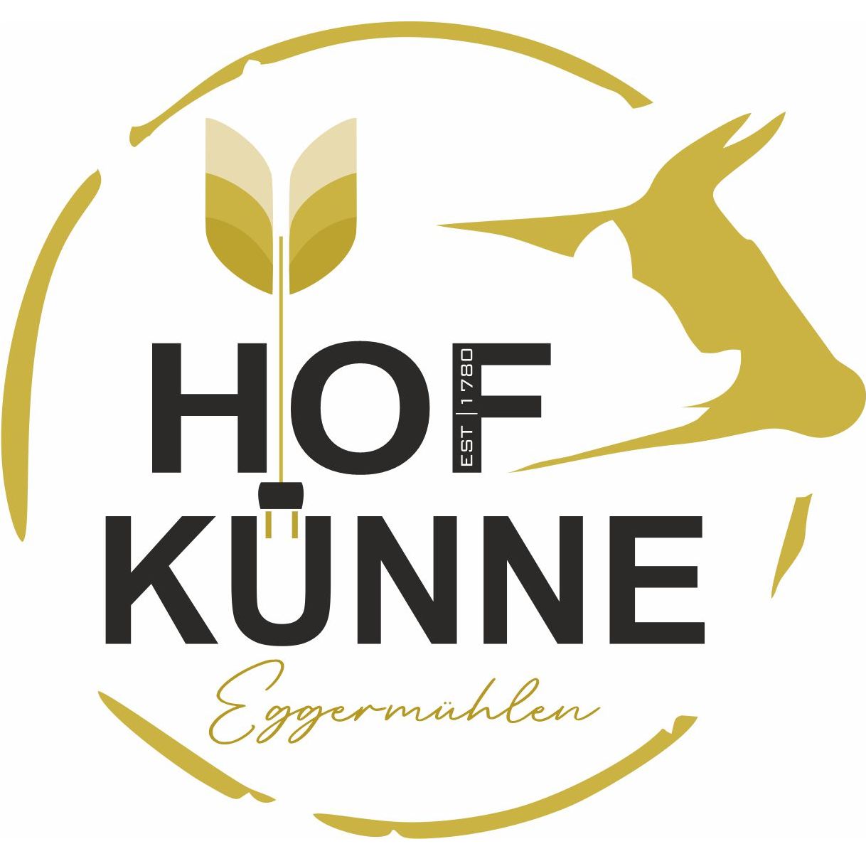 Logo von Hof Künne Eggermühlen mit einer goldenen stilisierte Ähre und einem Kuhkopf-Umriss in einem goldenen Kreis.
