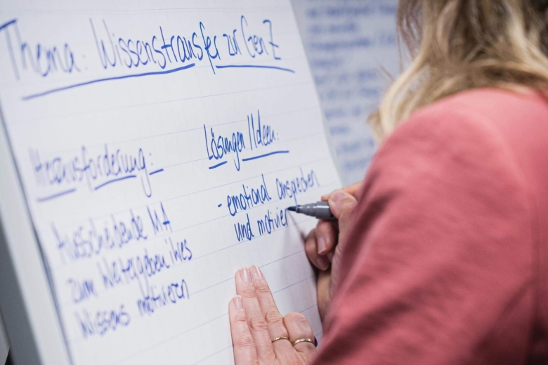 Eine Person schreibt Stichpunkte mit einem Marker auf ein Flipchart zum Thema Wissenstransfer.