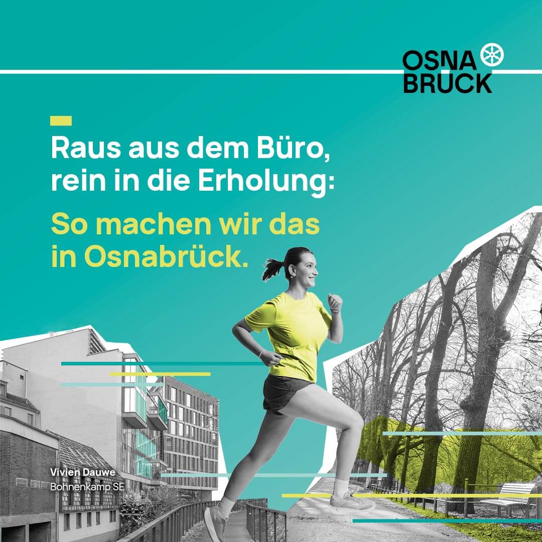 Vivien Dauwe joggt lächelnd im gelben Sportshirt zwischen Bürogebäuden und einem Parkweg mit der Aufschrift 'Raus aus dem Büro, rein in die Erholung'.