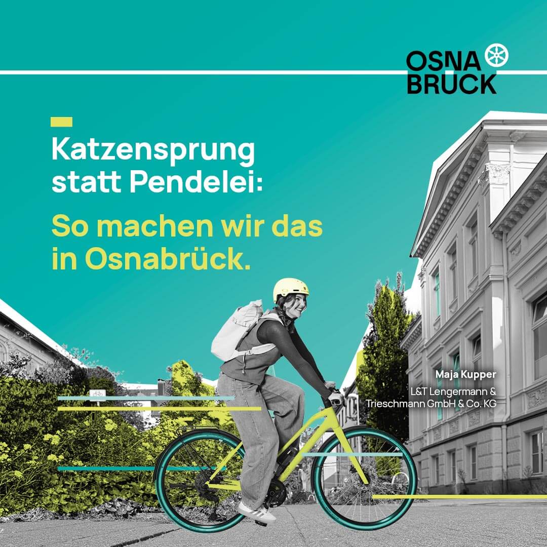 Maja Kupper fährt lächelnd mit Helm auf einem gelben Fahrrad an einem historischen Gebäude vorbei. Slogan: 'Katzensprung statt Pendelei'.
