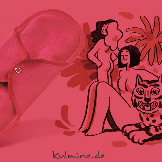 Pinke Stoffbinde neben einer Zeichnung zweier Frauen und eines Tigers vor rotem Hintergrund, mit dem Schriftzug: kulmine.de