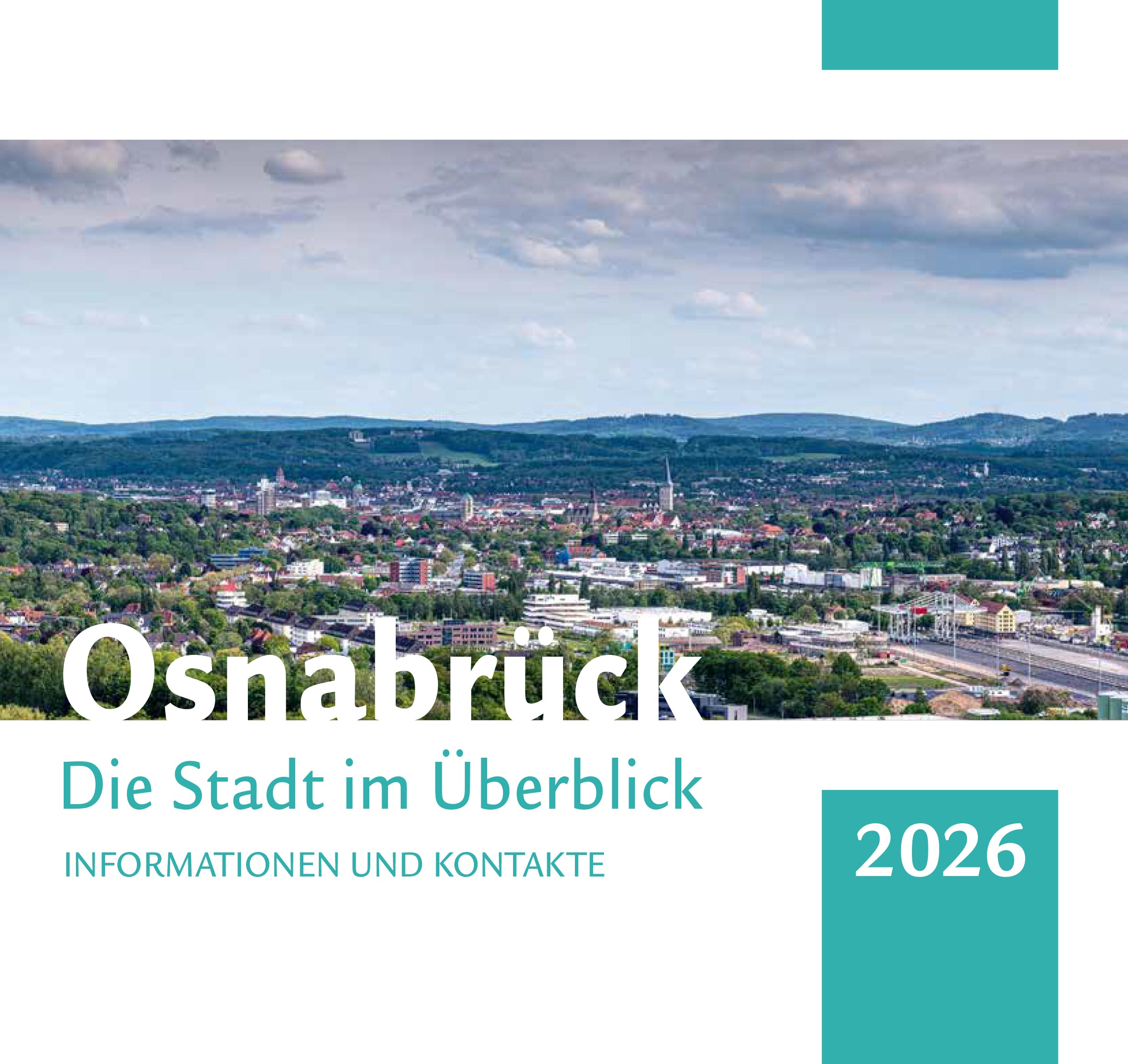 Titelseite der Broschüre „Osnabrück – Die Stadt im Überblick 2026“ mit einer Luftaufnahme der Stadtlandschaft.