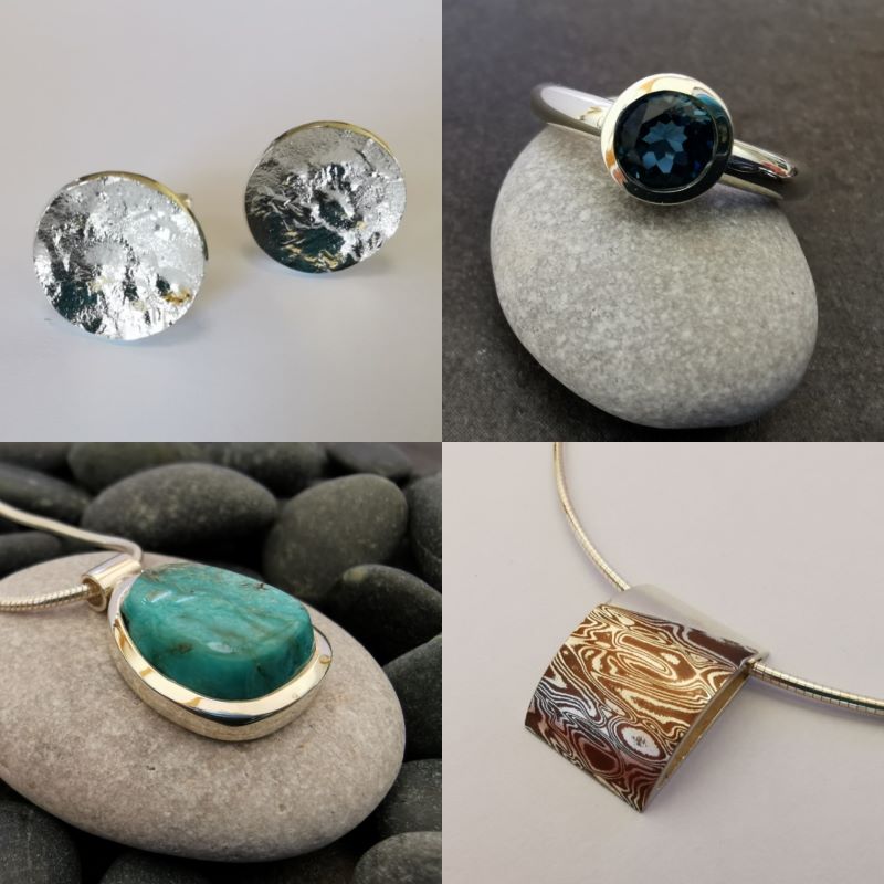 Vierteilige Collage aus silbernem Schmuck: Ohrstecker, Ring mit blauem Stein, Kette mit Türkis und ein gebogener Anhänger mit Holzmaserung.