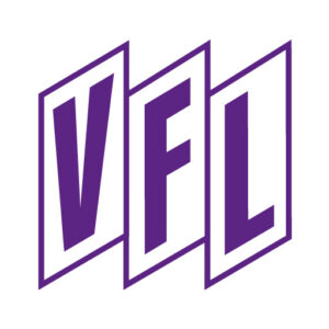 Das rautenförmige Logo des VfL Osnabrück zeigt drei weiße Parallelogramme mit violettem Rahmen und folgendem violetten Schriftzug: VfL.