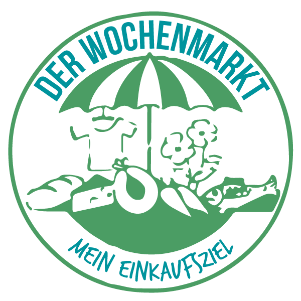 Grünes, kreisförmiges Logo mit Marktschirm, Lebensmitteln und Kleidung sowie folgendem Schriftzug: Der Wochenmarkt – mein Einkaufsziel.